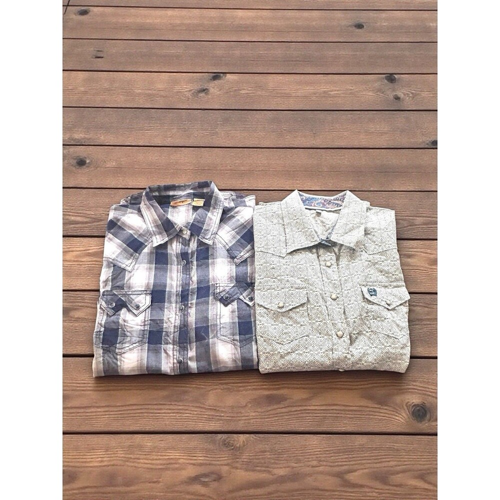 Lot of 2 Wrangler & Ariat Pearl Snap Womens Size Lg Shirt Western Country Rodeo